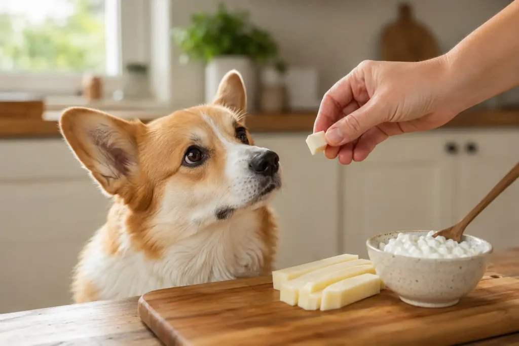 A small dog waiting patiently for a safe cube of plain low-fat mozzarella cheese in a bright kitchen.