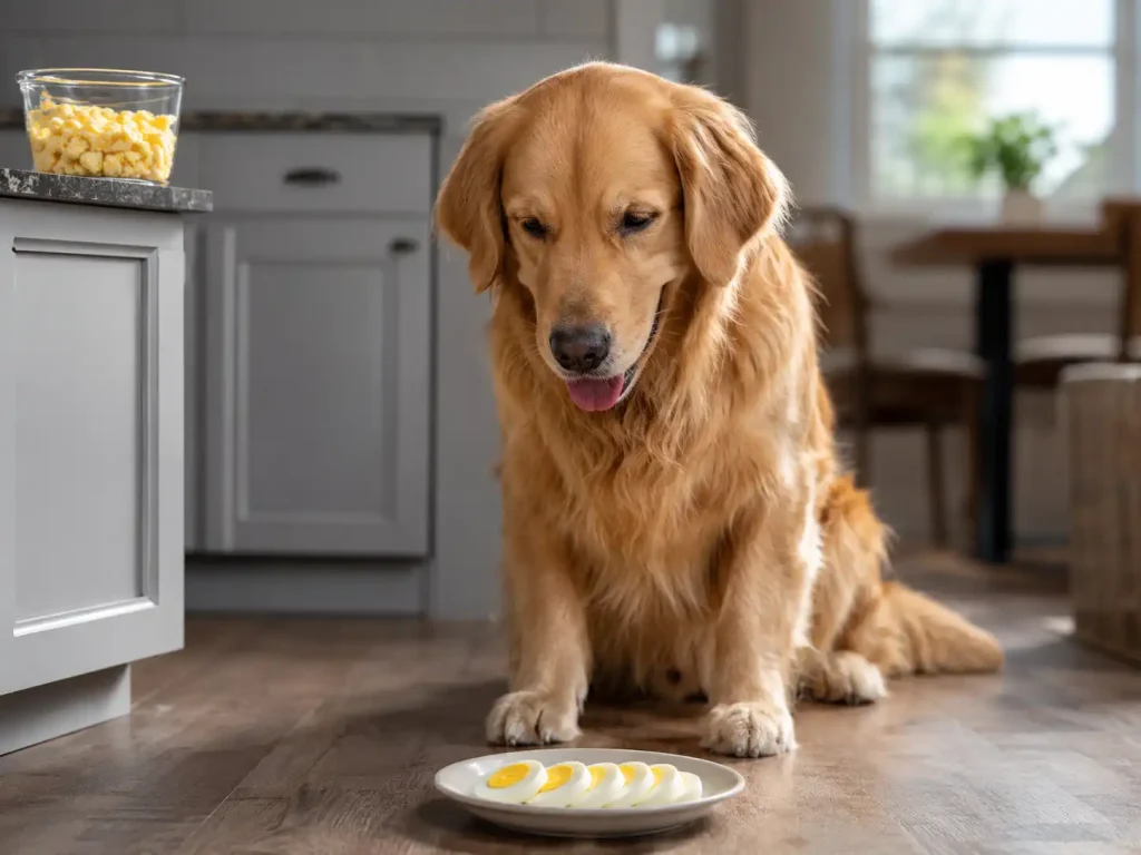 A well-behaved dog looking at safe, plain hard-boiled egg slices served on a kitchen floor.