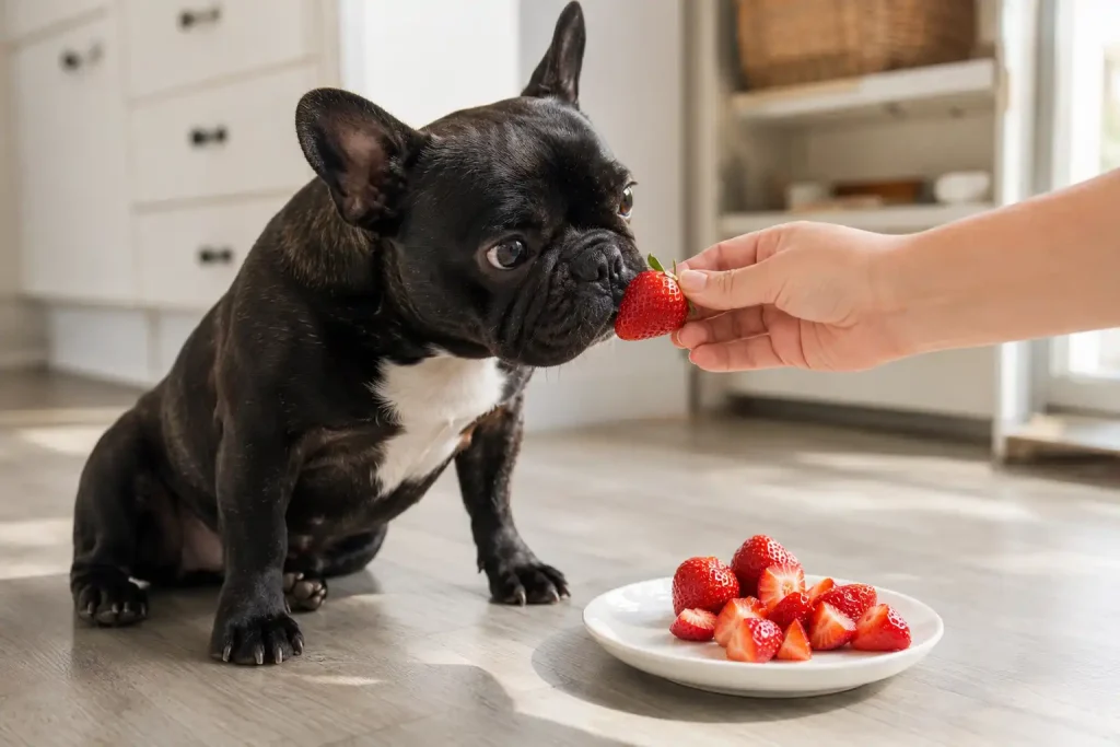 A happy dog sniffing a fresh washed strawberry with green tops removed before feeding.