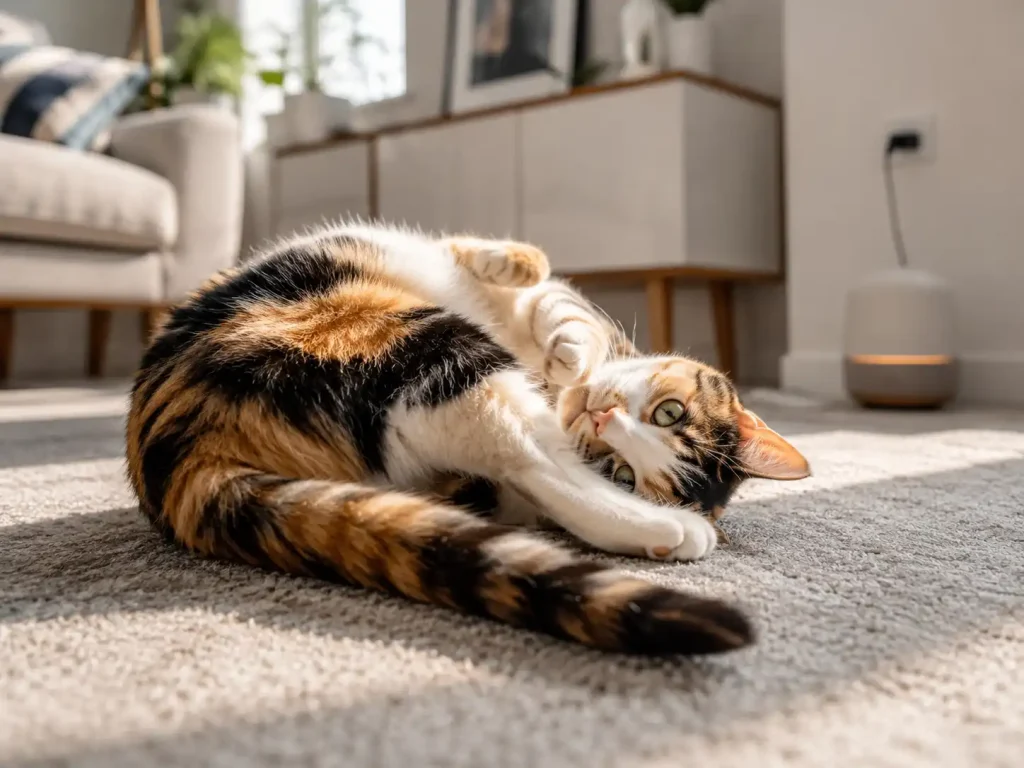 An unspayed female cat in heat showing signs of restlessness and rolling on the carpet.