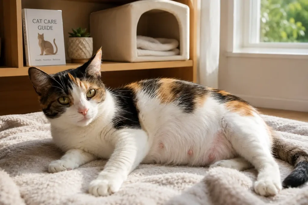 Visibly pregnant calico cat resting comfortably on a soft blanket inside a sunlit home.