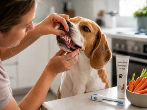 An owner checking a dog's teeth and preparing to brush them with safe dog-specific toothpaste.
