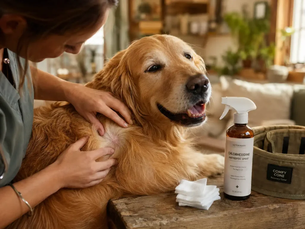 A dog receiving gentle home care and antiseptic treatment for a hot spot on its skin.