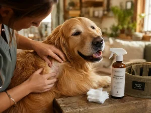 A dog receiving gentle home care and antiseptic treatment for a hot spot on its skin.