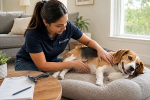 A caring owner gently feeling a dog's coat to check for new lumps and bumps during a grooming session.