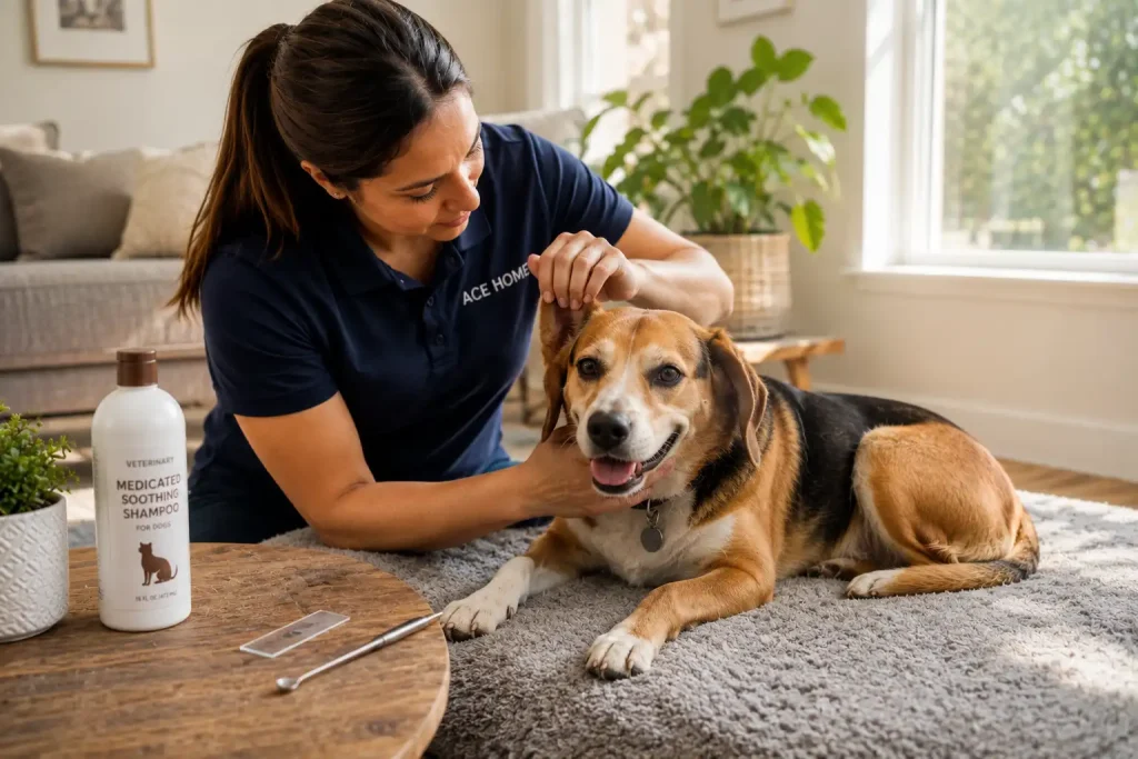 A dog receiving a gentle skin and coat examination by a professional caregiver to check for symptoms of mange.