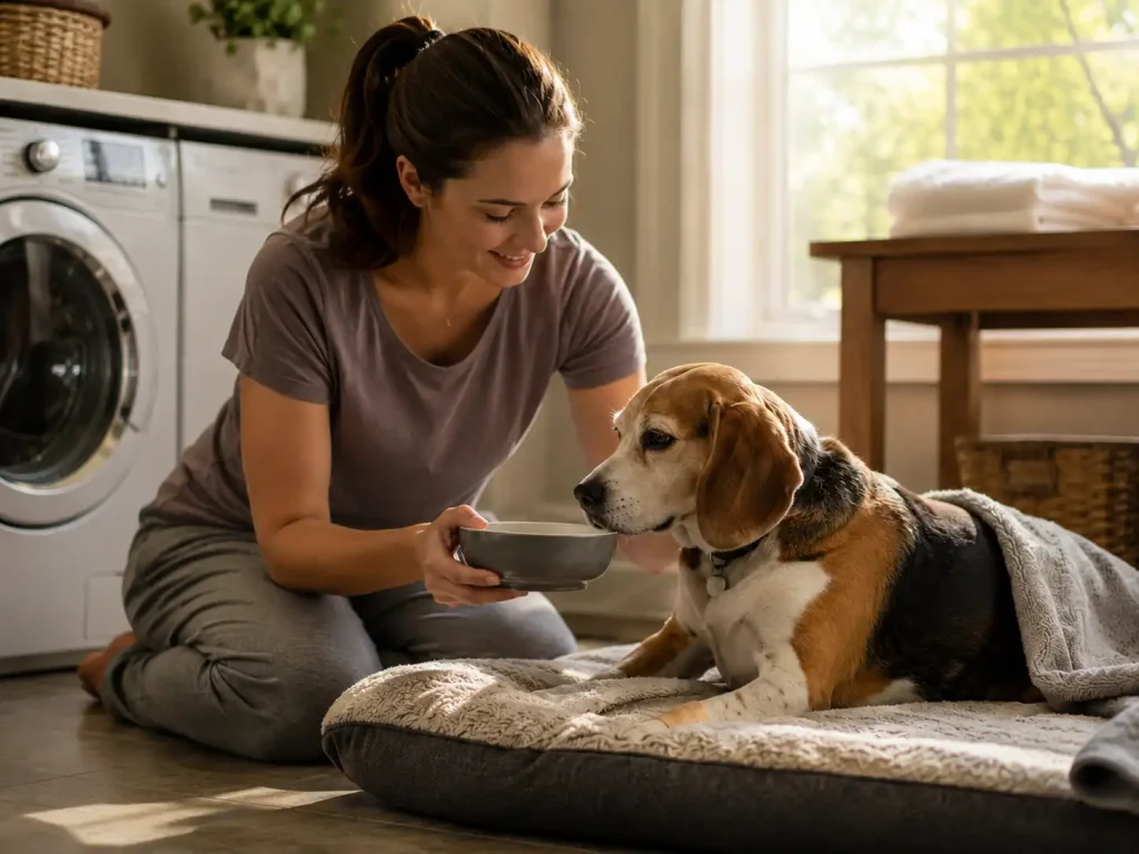 A concerned pet owner checking on a dog recovering from gastrointestinal distress in a safe home environment.