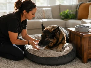 A concerned pet owner checking on a dog recovering from vomiting in a safe home environment.