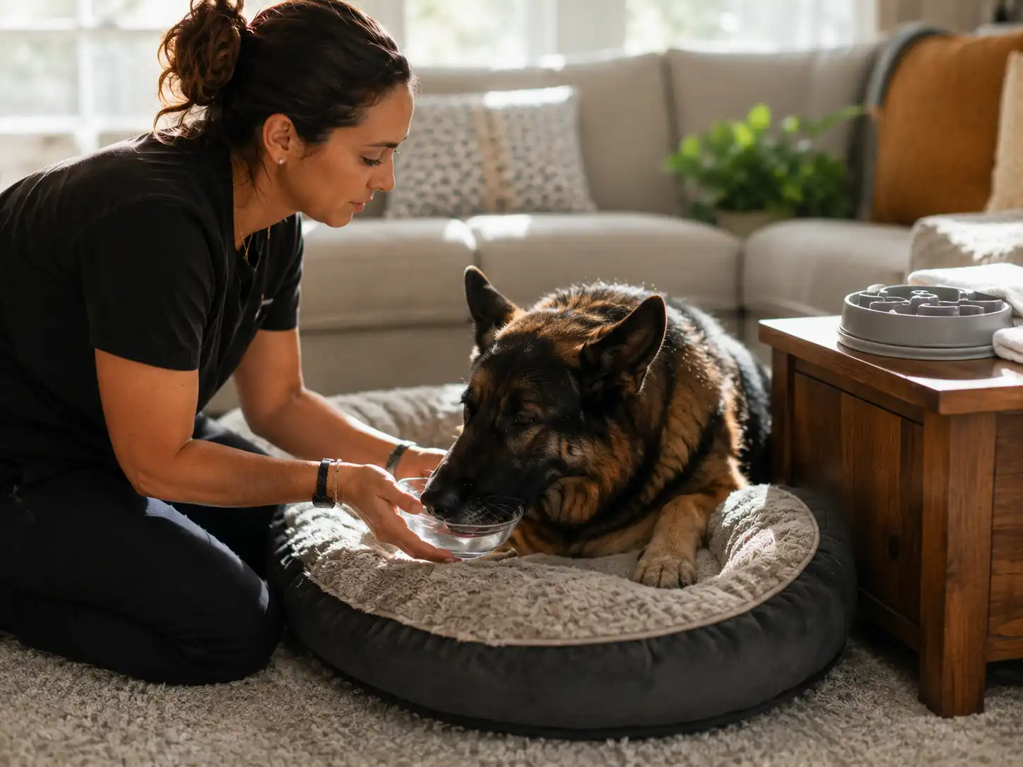 A concerned pet owner checking on a dog recovering from vomiting in a safe home environment.
