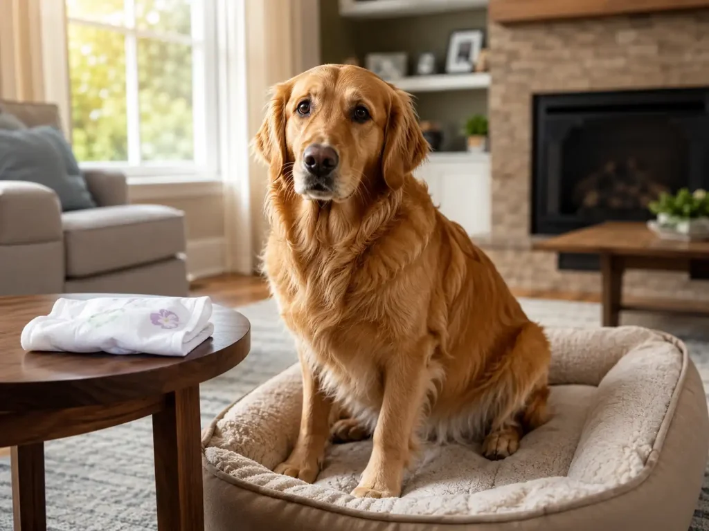 A restless female dog sitting on her bed showing symptoms of being in heat.