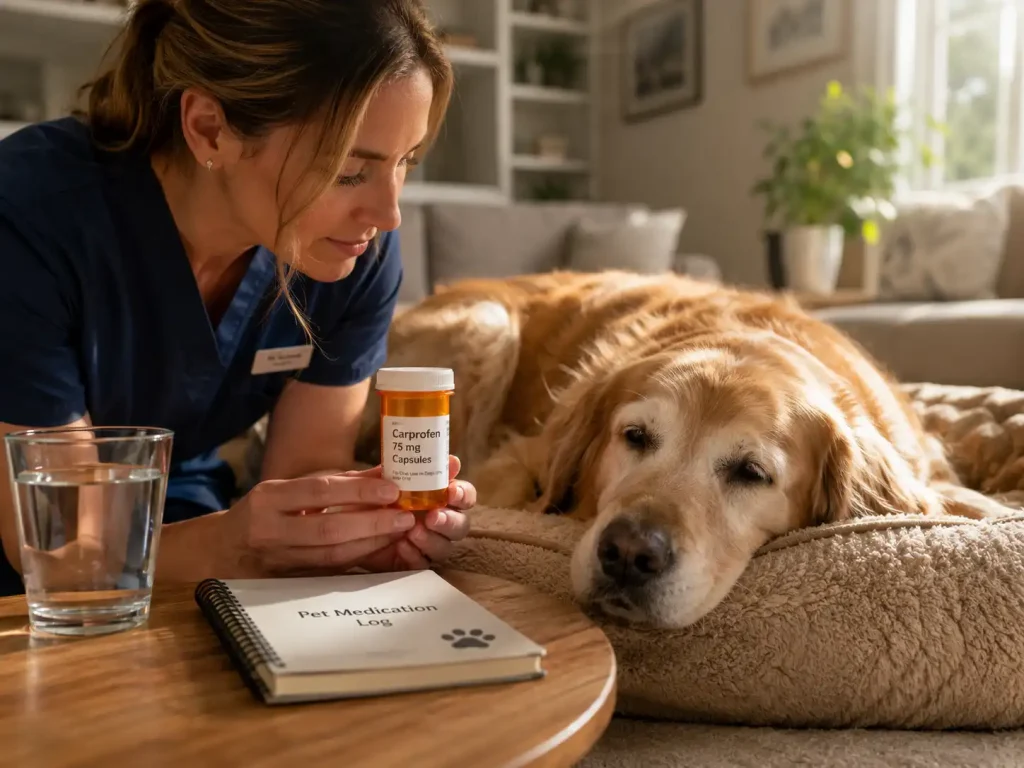 Checking a dog's prescribed medication label to safely administer gabapentin at home.