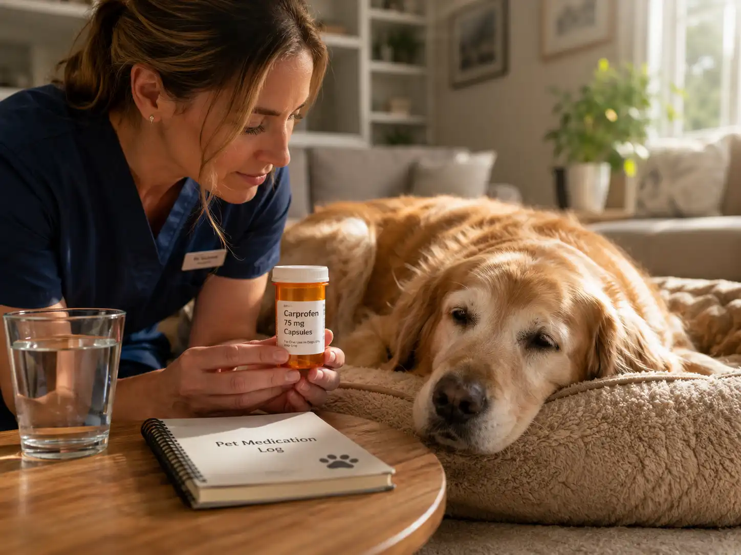 Checking a dog's prescribed medication label to safely administer gabapentin at home.