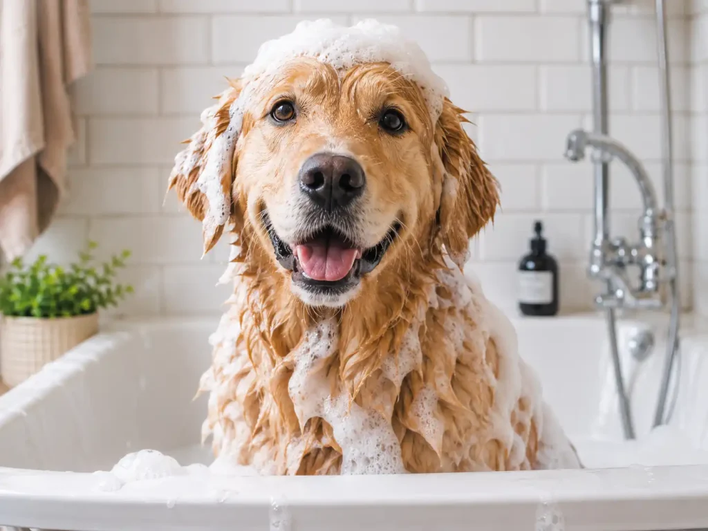 A happy dog covered in suds during a safe routine bath with dog-formulated shampoo.