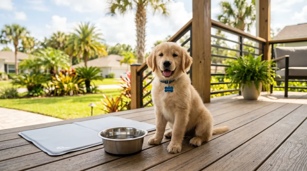 A golden retriever puppy sitting next to a stainless steel water bowl on a porch in Jacksonville Florida, representing a first-year puppy care guide.