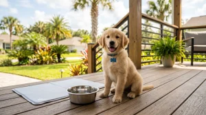 A golden retriever puppy sitting next to a stainless steel water bowl on a porch in Jacksonville Florida, representing a first-year puppy care guide.