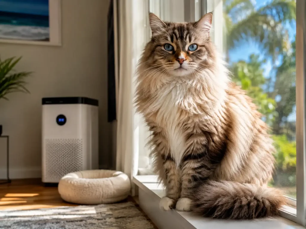 An elegant Siberian cat, a popular low-allergen breed, sitting on a sunlit window sill.