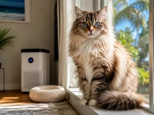 An elegant Siberian cat, a popular low-allergen breed, sitting on a sunlit window sill.