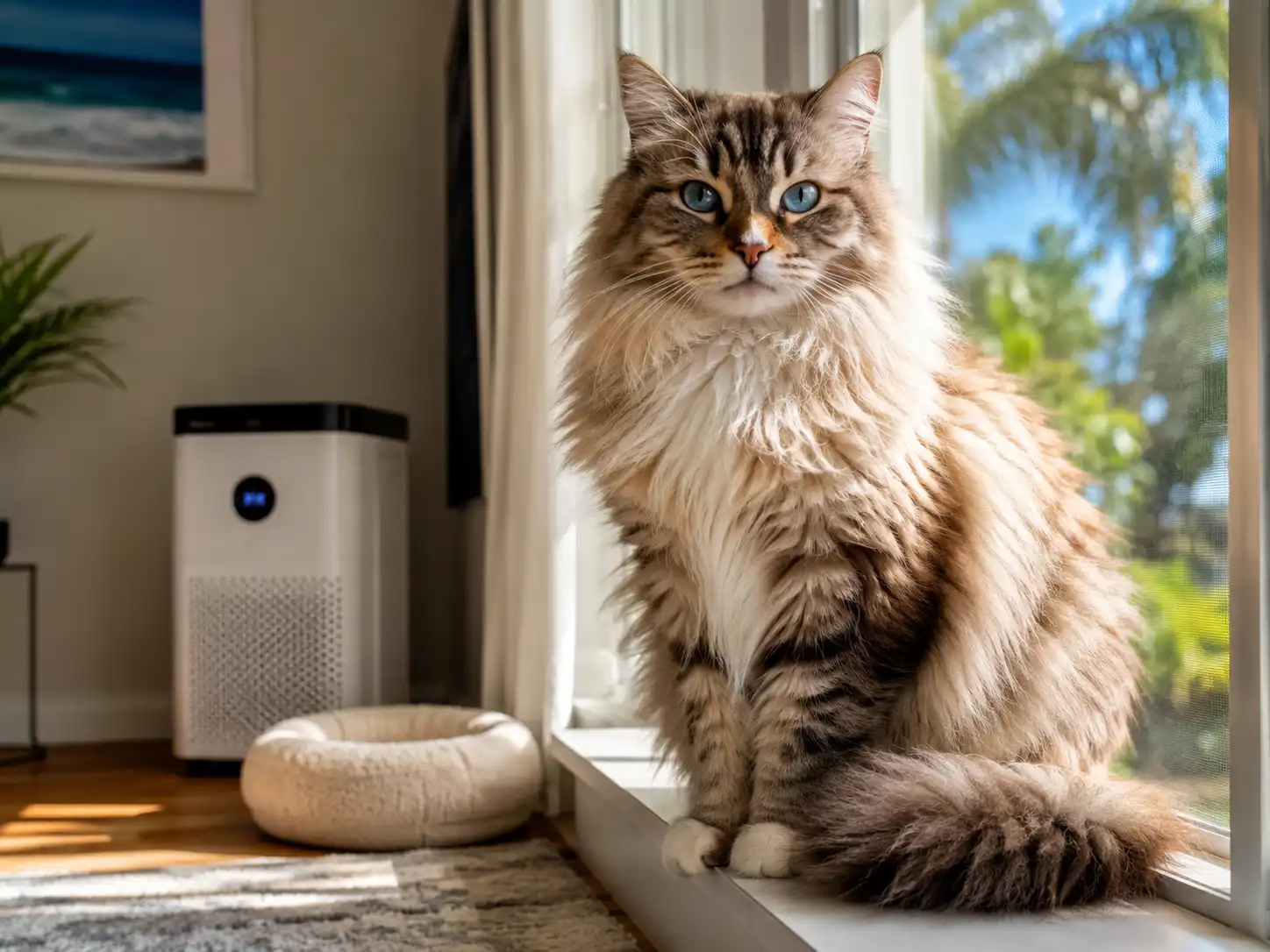 An elegant Siberian cat, a popular low-allergen breed, sitting on a sunlit window sill.
