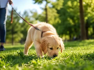 A young puppy sniffing the grass on a walk, illustrating coprophagia prevention techniques.