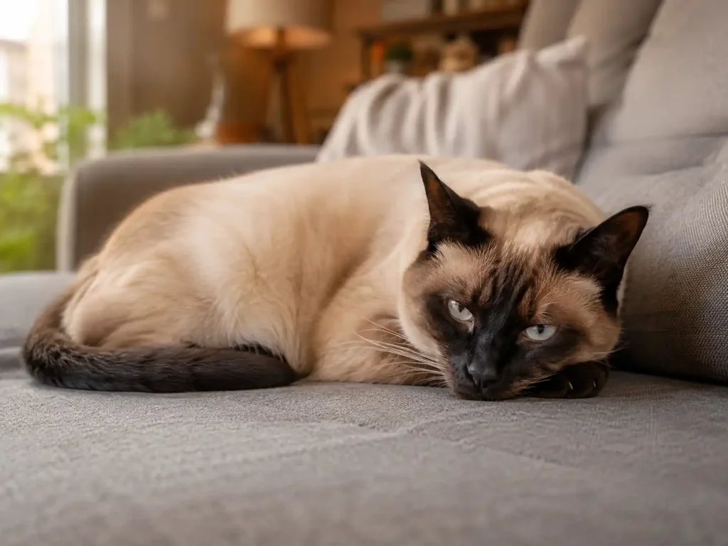 An exhausted Siamese cat looking unwell and resting flat on a living room sofa