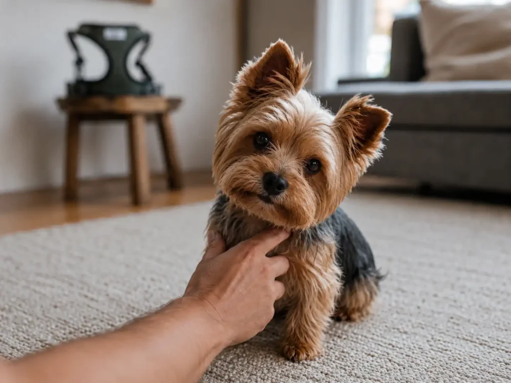 A small breed dog coughing slightly while being comforted by its owner in a bright room.