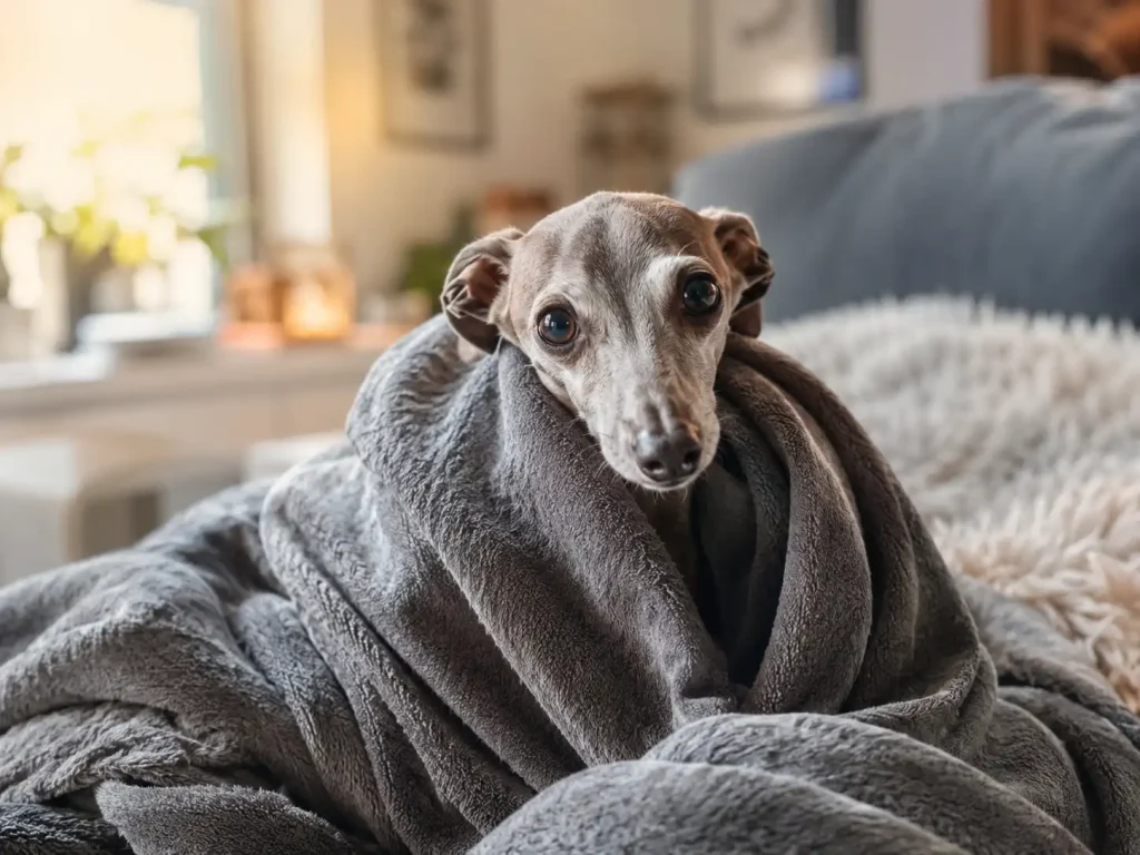A small shivering dog wrapped tightly in a blanket to warm up from the cold.